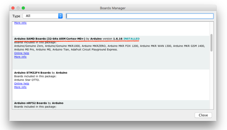 Arduino board manager - samd boards