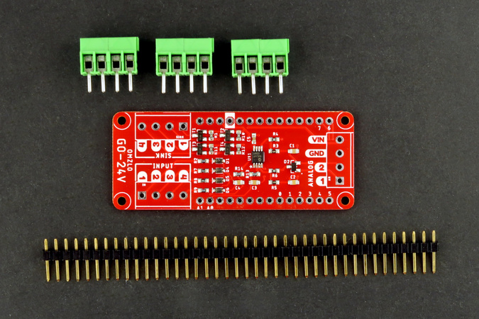 An MKR shield with 4 digital inputs, 4 digital outputs and 2 analog inputs, all rated 24V. 